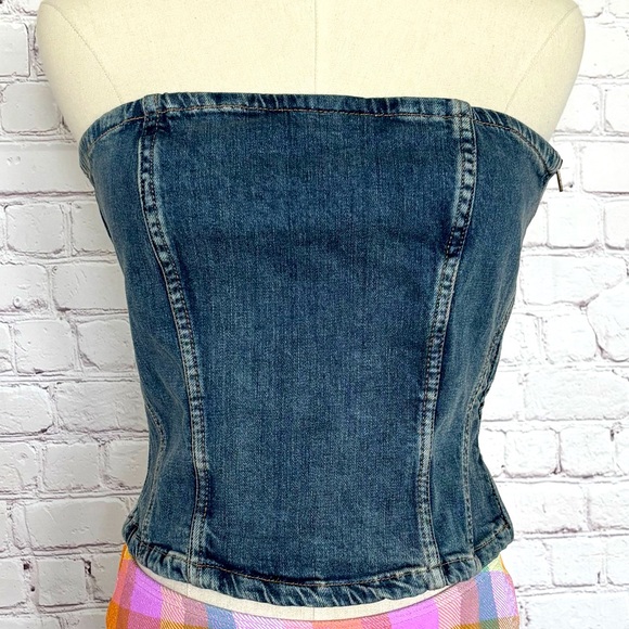 Zara Tops - ZARA Strapless Cropped Corset-Style Blue Denim Tube Top—NWT—L